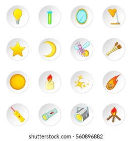 Sources of light icons set. Cartoon illustration of 16 sources of light vector icons for web