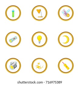 Sources of light icons set. Cartoon style set of 9 sources of light vector icons for web design