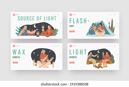 Sources of Light Landing Page Template Set. Characters Use Different Supplies for Illumination. Men and Women with Flashlight, Lantern and Matches, Torch or Garland. Cartoon People Vector Illustration