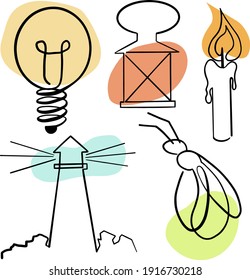 Fuentes de luz, líneas de arte. Faro, linterna, vela, bombilla, luciérnagas.