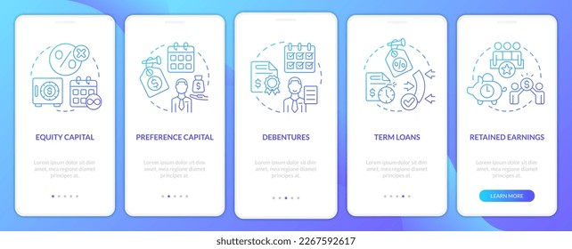 Fuentes de financiación a largo plazo degradado azul en pantalla de aplicación móvil. Recorrido 5 pasos instrucciones gráficas con conceptos lineales. UI, UX, plantilla GUI. Multitud de tipos de letra Pro-Bold, con uso regular