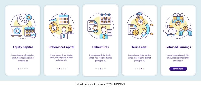 Sources of long term financing onboarding mobile app screen. Walkthrough 5 steps editable graphic instructions with linear concepts. UI, UX, GUI template. Myriad Pro-Bold, Regular fonts used