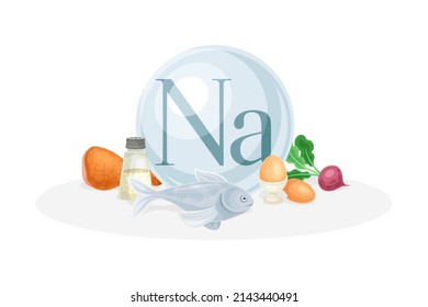 Sources of Na mineral. Salt, egg, reddish, fish healthy nutrition food. Mineral vitamin supplement vector illustration