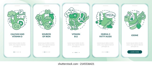 Sources of nutrients green onboarding mobile app screen. Veganism walkthrough 5 steps graphic instructions pages with linear concepts. UI, UX, GUI template. Myriad Pro-Bold, Regular fonts used