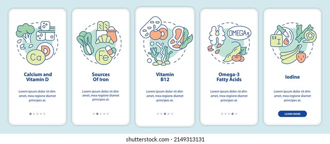 Sources of nutrients onboarding mobile app screen. Veganism walkthrough 5 steps graphic instructions pages with linear concepts. UI, UX, GUI template. Myriad Pro-Bold, Regular fonts used