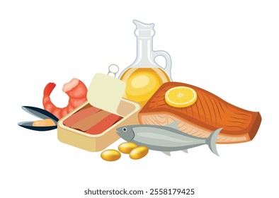 Sources of omega-3 fatty acids vector illustration. Fish oil supplement, canned sardines, salmon fillet, seafood icon set isolated on a white background. Foods rich in Omega-3 drawing