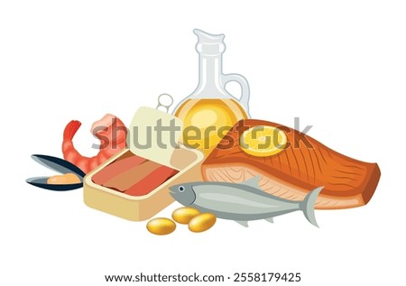 Sources of omega-3 fatty acids vector illustration. Fish oil supplement, canned sardines, salmon fillet, seafood icon set isolated on a white background. Foods rich in Omega-3 drawing