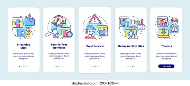 Sources of piracy onboarding mobile app page screen. Peer-to-peer networks walkthrough 5 steps graphic instructions with concepts. UI, UX, GUI vector template with linear color illustrations
