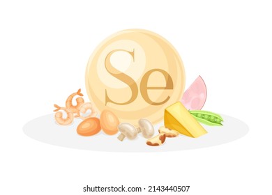 Sources of Selenium mineral. Egg, shrimp, mushroom, cheese, peas healthy nutrition food. Mineral vitamin supplement vector illustration