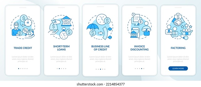 Sources of short term financing blue onboarding mobile app screen. Walkthrough 5 steps editable graphic instructions with linear concepts. UI, UX, GUI template. Myriad Pro-Bold, Regular fonts used