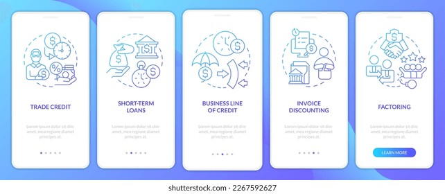 Sources of short term financing blue gradient onboarding mobile app screen. Walkthrough 5 steps graphic instructions with linear concepts. UI, UX, GUI template. Myriad Pro-Bold, Regular fonts used