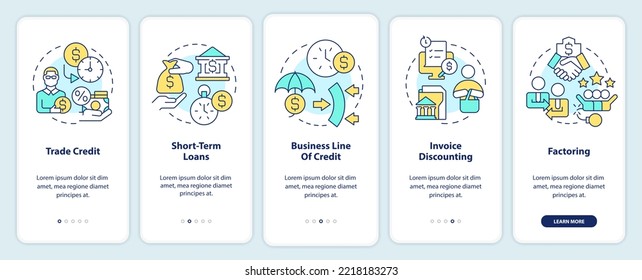 Fuentes de financiación a corto plazo a bordo de la pantalla de aplicaciones móviles. Recorrido 5 pasos instrucciones gráficas editables con conceptos lineales. UI, UX, plantilla GUI. Multitud de tipos de letra Pro-Bold, con uso regular