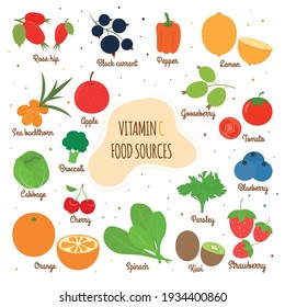 Sources of vitamin C. Fruits, vegetables and berries containing vitamin C. Citrus fruits, cabbage, currants, cherries, apples, spinach, gooseberries, strawberries, etc. Vector illustration.