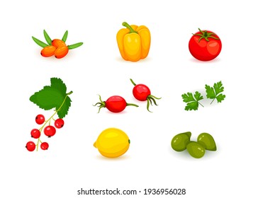 sources of vitamin c, Plant sources of vitamin Collection of vitamin C sources. Fruits and vegetables enriched with ascorbic acid. Set of vegetables and fruits icons Flat cartoon vector illustration