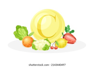 Sources of vitamin C. Turnip, cauliflower, cherry, pepper, lemon healthy nutrition food. Mineral vitamin supplement vector illustration
