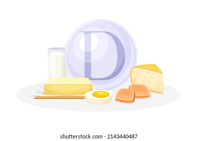 Fuentes de vitamina D. Queso, pescado, leche, huevos, alimentos nutritivos saludables. Ilustración vectorial de suplemento vitamínico mineral