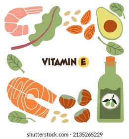 Sources of Vitamin E. High Vitamin E Foods. Vector hand drawn illustration in flat cartoon style.