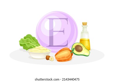 Vitamin E-Quellen. Spinat, Avocado, Öl, Pfeffer, Haselnuss gesunde Ernährung. Mineralische Vitaminergänzungsmittel, Vektorgrafik