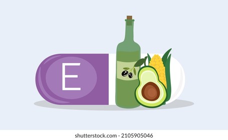 El concepto de fuentes de vitaminas. Cápsula con vitamina E soluble en grasas, aceite de oliva, maíz y aguacate. Alimentos saludables. Infografía para impresiones, sitios web y presentaciones. Dibujo vectorial plano de dibujos animados