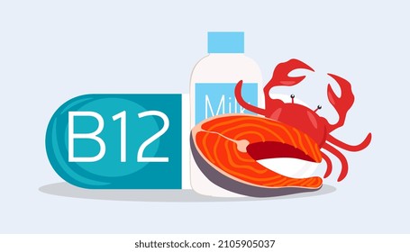 Sources of vitamins concept. Capsule with water soluble vitamin B12, salmon, crab and milk. Healthy nutrients. Infographics for printing, apps and social networks. Cartoon flat vector illustration