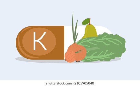 Sources of vitamins concept. Tablet with fat soluble vitamin K, lettuce, onion and pear. Healthy nutrients for the body. Infographics for print, websites and books. Cartoon flat vector illustration