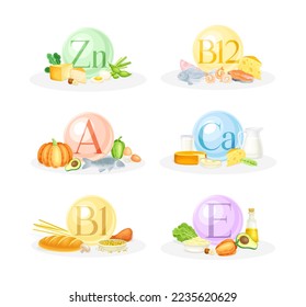 Sources of vitamins set. B12, B1, zn, Ca, A, E vitamin. Healthy nutrition food and dietary supplements vector illustration