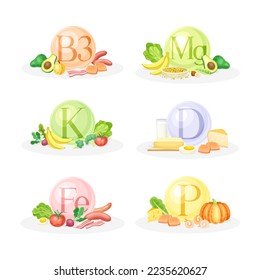 Sources of vitamins set. B3, K, D, Mg, Fe, P vitamin. Healthy nutrition food and dietary supplements vector illustration