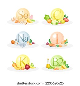 Sources of vitamins set. Se, C, Na, I, K, B2 vitamin. Healthy nutrition food and dietary supplements vector illustration