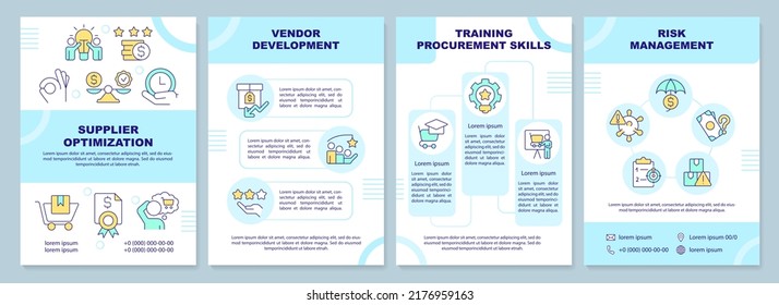 Sourcing Strategies In Procurement Blue Brochure Template. Leaflet Design With Linear Icons. Editable 4 Vector Layouts For Presentation, Annual Reports. Arial-Black, Myriad Pro-Regular Fonts Used