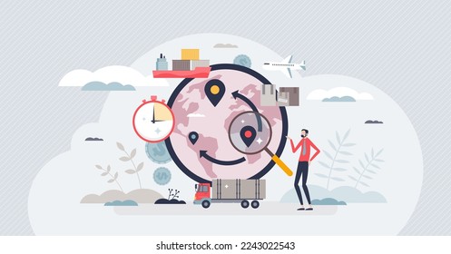 Sourcing strategy with company global channels of supply tiny person concept. Cost efficient procurement work with outsourcing and continuous improvement to re-evaluate activities vector illustration