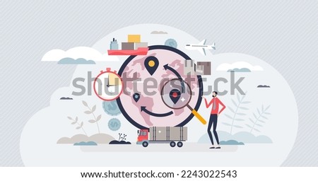 Sourcing strategy with company global channels of supply tiny person concept. Cost efficient procurement work with outsourcing and continuous improvement to re-evaluate activities vector illustration