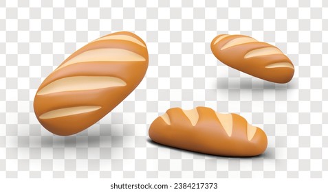 Sourdough bread with cuts, view from different sides. Set of isolated colored vector images. Illustrations for bakery, grocery store, supermarket. Bread loaf