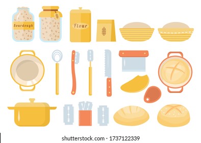 Sourdough bread home baking set of icons. Sourdough starter culture in mason jar. Muslin cloth. Dough scraper. Danish whisk. Proofing basket. Bench knife. Bread Lame. Dutch oven. Vector cartoon flat.