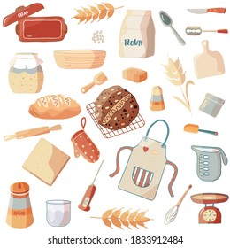 Sourdough bread homemade set of items. Vector cartoon flat elements for preparation of dough and loaf baking. Colorful isolated objects on white background.