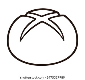 Sourdough bread loaf scored with cross shape or hot cross bun. Simple black and white line icon. Isolated vector illustration.