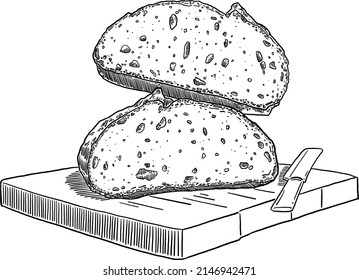 Sourdough bread sliced Hand drawn line art Food Illustration	