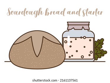 Sourdough bread and starter. Starter sourdough. The concept of a healthy diet. Loaf rye bread and sourdough on whole grain flour in glass jar on table, yeast-free leaven starter for organic bread