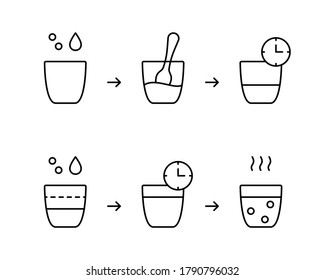 Sourdough instruction. Steps to get homemade bread starter. Flour, water, glass, spoon, timer. Preparatory process for further baking. Linear icons set. Black contour vector, isolated illustration