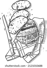 Sourdough Sliced with knife Homemade Bread Hand drawn line art Illustration