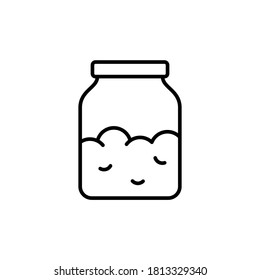 Sourdough or yeast starter in jar. Linear icon of kitchen glass bottle with dry powder, cooking ingredient. Black pictogram of groats, salt, sugar, oatmeal or cereal. Contour vector, white background