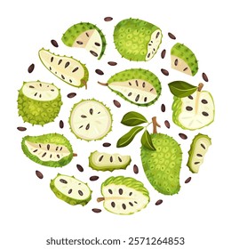 Soursop Fruit or Guanabana Round Composition Vector Template