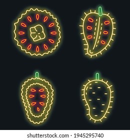 Soursop icons set. Outline set of soursop vector icons neon color on black