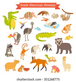 Sourth America animals vector illustration. Sourth American mammals. Big vector set. Isolated on white background. Sourth America animals cartoon style. Preschool, baby, continents, travelling, drawn