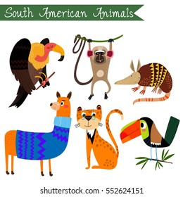 Sourth America animals vector illustration.Vector set. Isolated on white background. Sourth America animals cartoon style. Preschool, baby, continents, travelling, drawn - stock vector