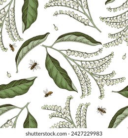 Sourwood tree branches with bees seamless pattern