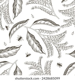 Sourwood tree branches with bees seamless pattern