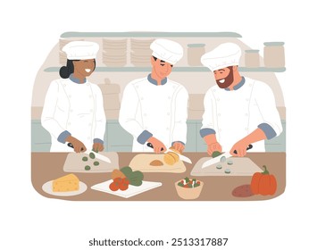 Sous chef Ilustraciones vectoriales de dibujos animados aislados. Profesional sous chef preparando comida con colegas en cocina de restaurante, proceso de cocina, sector de servicios, dibujos animados de Vector de negocios Horeca.