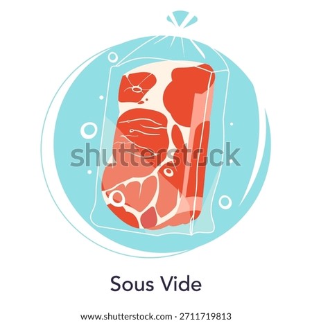 Sous vide cooking meat vector illustration. Depicts a vacuum-sealed bag containing meat immersed in water for sous vide cooking. Highlights the sous vide technique in a stylized graphic.
