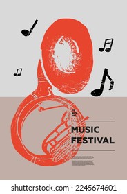 Sousaphone. Afiche del festival de música. Instrumentos musicales eólicos. Competencia. Un conjunto de ilustraciones vectoriales. Diseño minimalista. Cartel, volante, portada, impresión.	