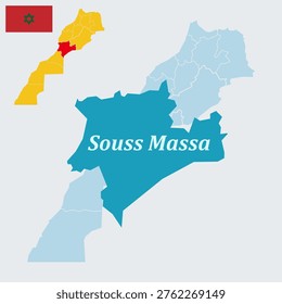 Souss Massa Morocco Map and Flag - Agadir Capital, Anti-Atlas Mountains and Atlantic Coast Vector Outline